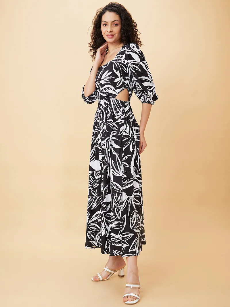 globus Globus Women Floral Printed Puff Sleeve Cut Outs Maxi Dress