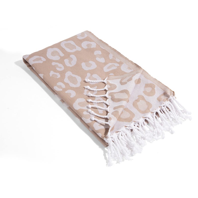 InfuseZen Turkish Bath & Beach Towel â€“ Reversible Leopard Design - Turkish Cotton - Soft, Lightweight, Absorbent Peshtemal, Quick Dry, Sand Free â€“ for Pool, Gym, Throw, Travel - Beige - Image 1