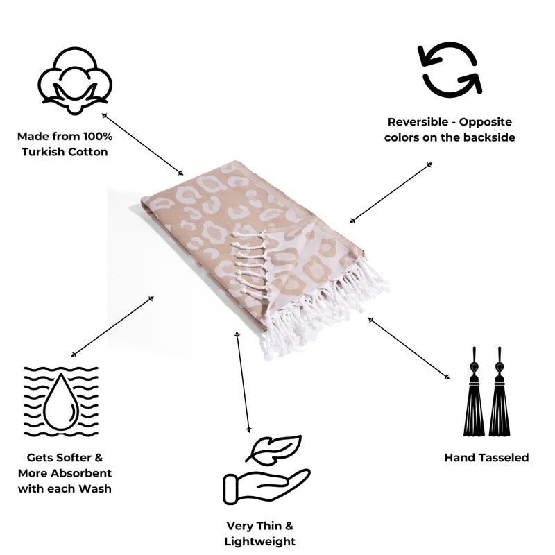 InfuseZen Turkish Bath & Beach Towel â€“ Reversible Leopard Design - Turkish Cotton - Soft, Lightweight, Absorbent Peshtemal, Quick Dry, Sand Free â€“ for Pool, Gym, Throw, Travel - Beige - Image 2
