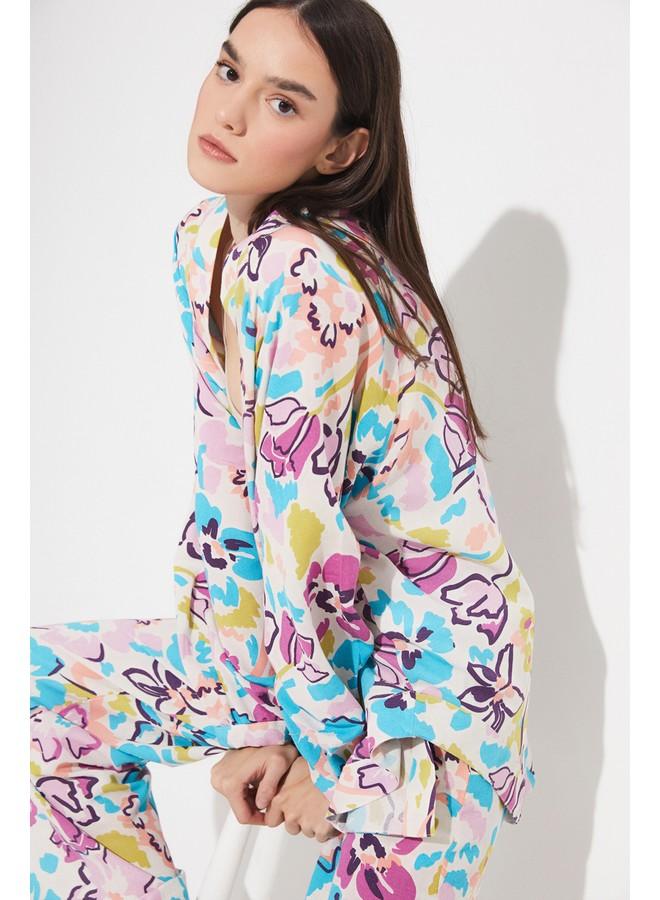 جون كيمونو نسائي حصري بنقشة زهور من مزيج الكتان - أزرق - Image 2