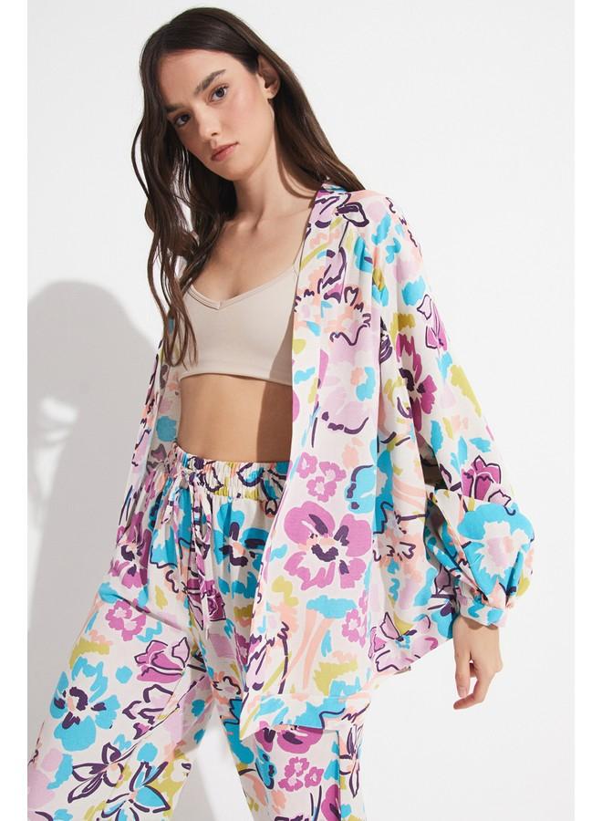 جون كيمونو نسائي حصري بنقشة زهور من مزيج الكتان - أزرق - Image 5