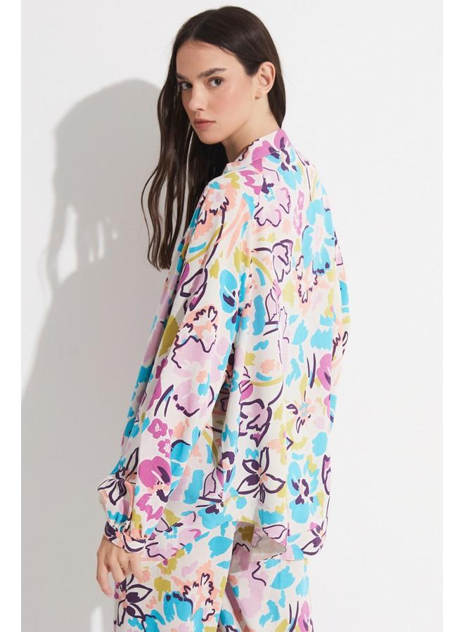 جون كيمونو نسائي حصري بنقشة زهور من مزيج الكتان - أزرق - Image 4