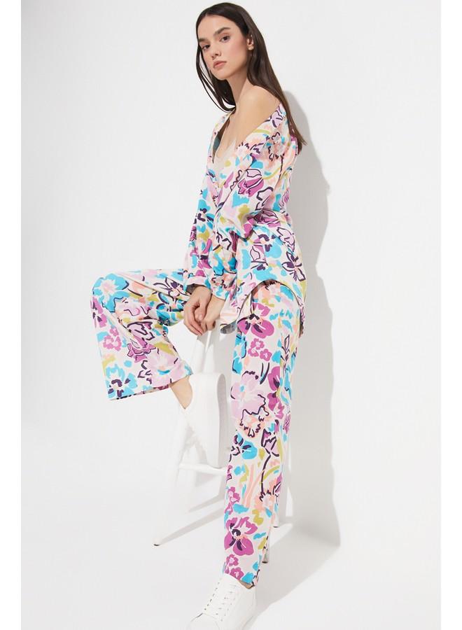 جون كيمونو نسائي حصري بنقشة زهور من مزيج الكتان - أزرق - Image 3