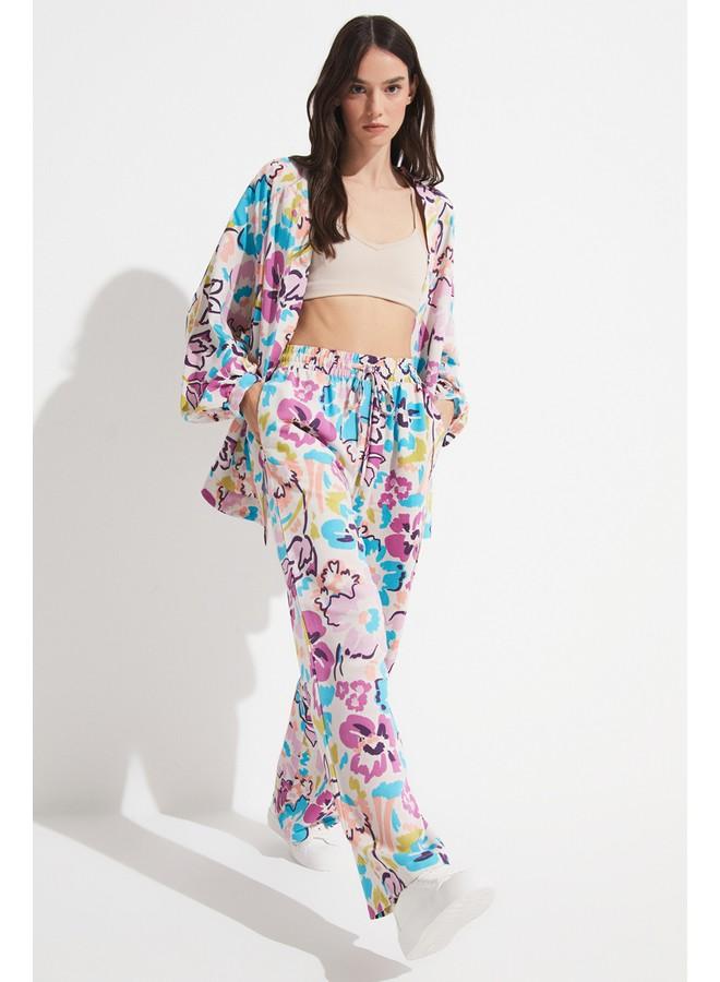 جون كيمونو نسائي حصري بنقشة زهور من مزيج الكتان - أزرق - Image 1