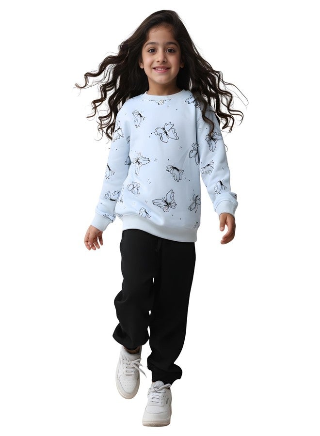 ANTHRILO Butterfly Blue Girls Fleece Black Jogger Set - Blue/Black | 0-6 Months - Image 1