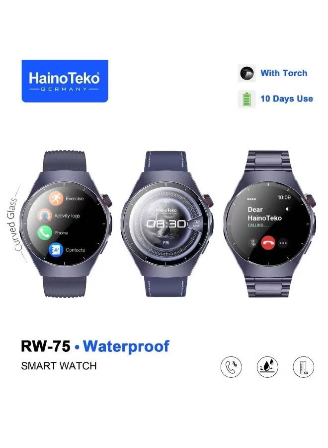 RW-75 Waterproof Smart Watch with Curved AMOLED Display, Bluetooth Calling, Fitness Tracker, Heart Rate & Sleep Monitor, Multi Sport Modes, HD Touch Screen, Long Battery Life, 3 Interchangeable Straps, Blue