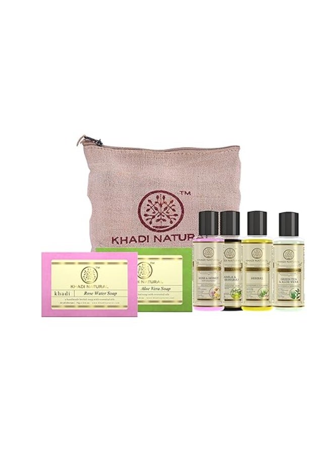 كادي نيتشورال صندوق هدايا خادي طبيعي مع صابون ماء الورد، صابون الصبار، منظف شيكاكاي، بلسم الشاي الأخضر والصبار، غسول للجسم باللافندر والإيلنغ إيلنغ، ومرطب الورد والعسل | لجميع أنواع البشرة والشعر | مجموعة من 6 قطع - Image 1