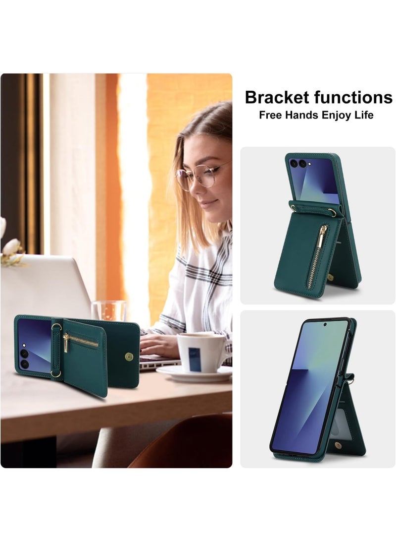 XIMAND جراب هاتف Ximand فاخر بسحاب لهاتف Samsung Galaxy Z Flip 7، حامل بطاقات متعدد الوظائف مع حزام كتف قابل للتعديل، جراب قلاب أنيق - Image 3