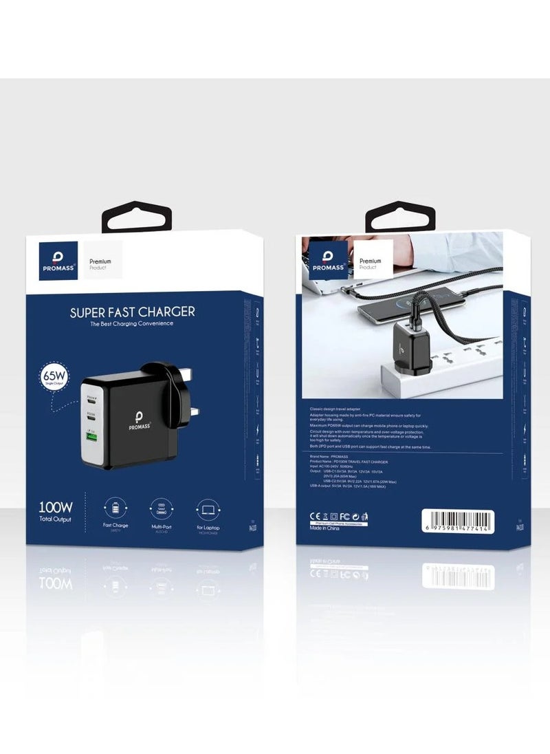 Super Fast Charger And Cable Set PD 100 W QC 3.0  3-Port GaN Type-C Plug QC 3.0 USB-C compatible With iPhone 14,iPad Pro, Galaxy S23,honor 90