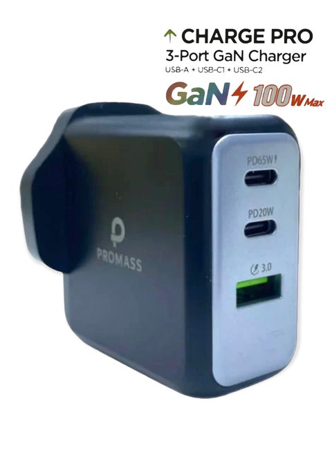 Super Fast Charger And Cable Set PD 100 W QC 3.0  3-Port GaN Type-C Plug QC 3.0 USB-C compatible With iPhone 14,iPad Pro, Galaxy S23,honor 90
