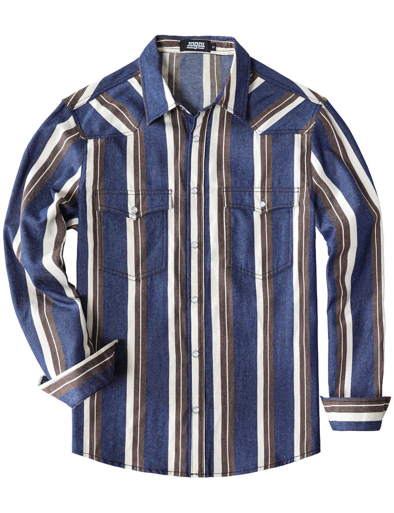 JOGAL Mens Striped Western Shirts Long Sleeve Pearl Snap Casual Cowboy Shirt Regular Fit Work Shirts with Two Pockets Denim Brown White Large - Image 1