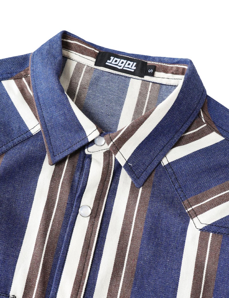 JOGAL Mens Striped Western Shirts Long Sleeve Pearl Snap Casual Cowboy Shirt Regular Fit Work Shirts with Two Pockets Denim Brown White Large - Image 3