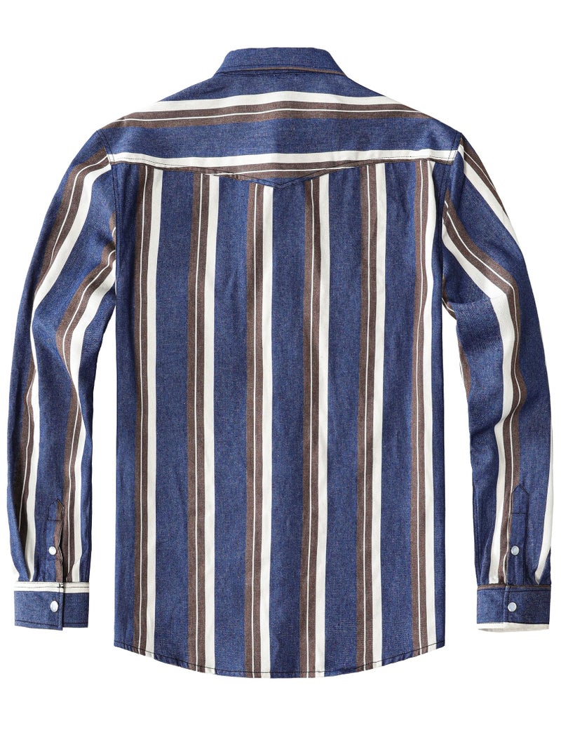 JOGAL Mens Striped Western Shirts Long Sleeve Pearl Snap Casual Cowboy Shirt Regular Fit Work Shirts with Two Pockets Denim Brown White Large - Image 2
