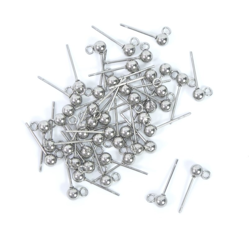 ALL in ONE 100pcs Wholesale Stainless Steel Earring Hooks Findings for DIY Jewelry Making 4mm Solid Ball Post with Loop