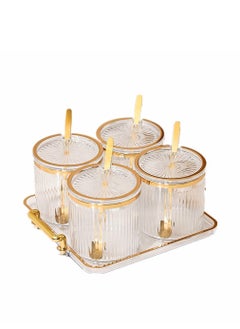 Acrylic Condiment Spice Jar, Condiment Spice Box with Lid, Spoon and Tray, Condiment Box 4 Piece, Kitchen Condiment Box Set