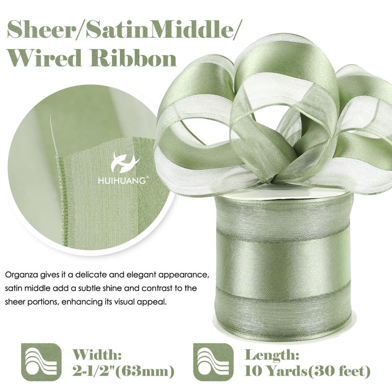 HUIHUANG Sage Green Wired Ribbon 2.5 inch with Satin Stripe Sheer Wired Ribbon for Christmas Tree, Bows Making, Wreaths, Gift Wrapping, Wedding Bridal Shower Decorations-Continous 10 Yards - Image 2