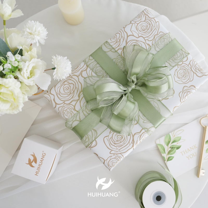 HUIHUANG Sage Green Wired Ribbon 2.5 inch with Satin Stripe Sheer Wired Ribbon for Christmas Tree, Bows Making, Wreaths, Gift Wrapping, Wedding Bridal Shower Decorations-Continous 10 Yards - Image 3