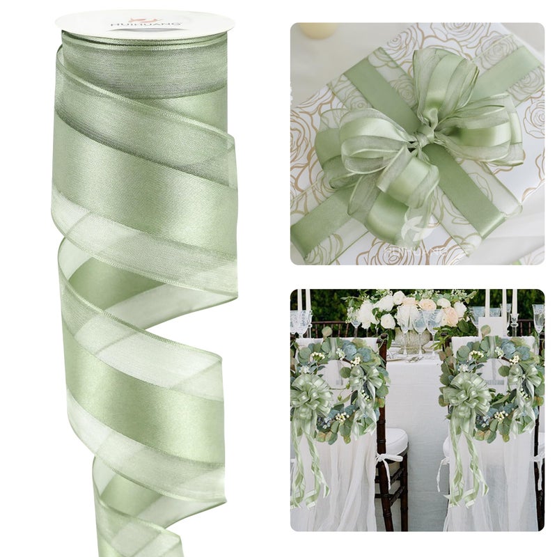 HUIHUANG Sage Green Wired Ribbon 2.5 inch with Satin Stripe Sheer Wired Ribbon for Christmas Tree, Bows Making, Wreaths, Gift Wrapping, Wedding Bridal Shower Decorations-Continous 10 Yards - Image 1