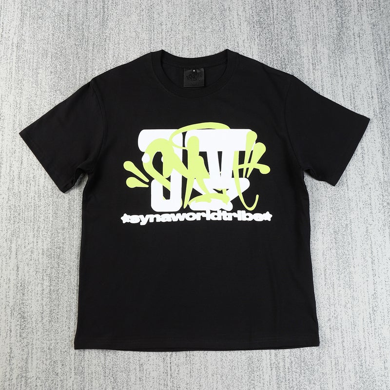 Cross-Border Export American High Street Syna World Hip-Hop Letter Printed Short-Sleeved Couple Round Neck T-Shirt Top Trendy black 