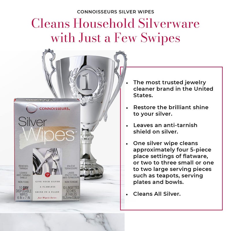 Connoisseurs Silver Cleaner Wipes for Sterling Silver Jewelry and Tableware - 10 Pack - Dry and Disposable - Remove and Prevent Tarnish - Image 3