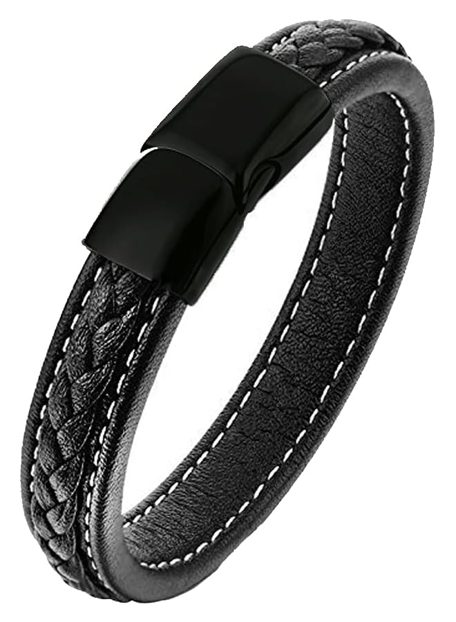 تشيميز أصفر أساور جلدية أنيقة باللون الأسود مزودة بمشبك مغناطيسي من الفولاذ المقاوم للصدأ للرجال والأولاد - Image 1