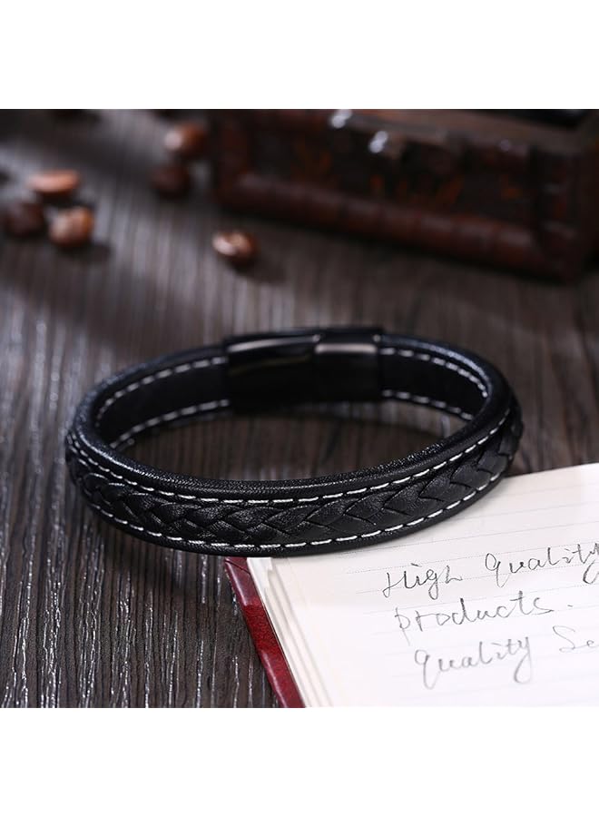 تشيميز أصفر أساور جلدية أنيقة باللون الأسود مزودة بمشبك مغناطيسي من الفولاذ المقاوم للصدأ للرجال والأولاد - Image 3