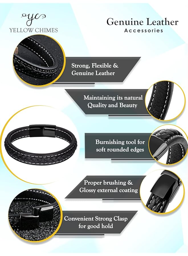 تشيميز أصفر أساور جلدية أنيقة باللون الأسود مزودة بمشبك مغناطيسي من الفولاذ المقاوم للصدأ للرجال والأولاد - Image 5