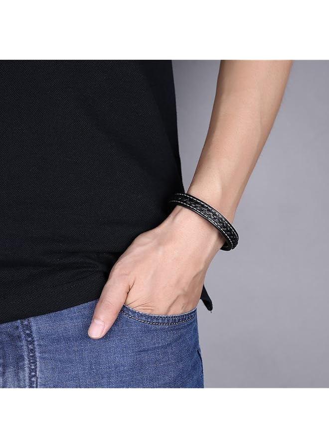 تشيميز أصفر أساور جلدية أنيقة باللون الأسود مزودة بمشبك مغناطيسي من الفولاذ المقاوم للصدأ للرجال والأولاد - Image 2