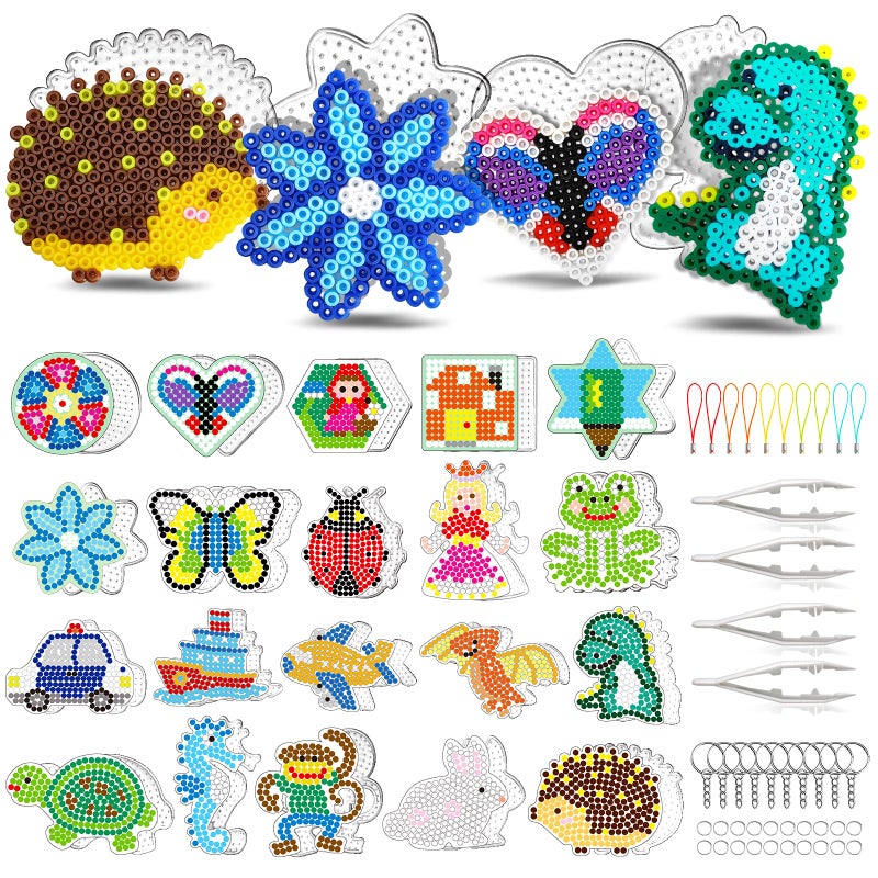 FUNZBO 20 pcs Pegboards for 5mm Fuse Beads Project Animal Shape Pegboards for Arts and Crafts with Keychains Hang Ropes and Tweezers Easter Gifts for Boys and Girls Beads Not Included