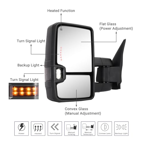 Sanooer HF autoparts Towing Mirrors Compatible with 2003-2007 Chevy Silverado, GMC Sierra Tow Mirrors, Pair Power Heated with Turn Signal Light Backup Lamp Extendable Pair Set - Image 2
