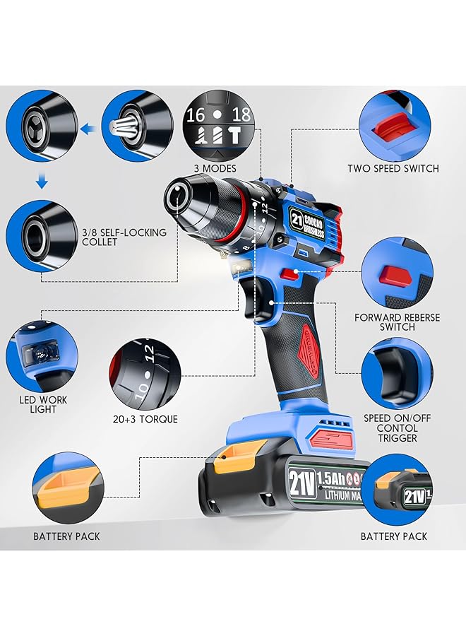 erorex 21V Cordless Drill Brushless Power Drill Set With 1 Batteries And Charger 3 8 Inch Chuck Electric Drill Driver 20+3 Torque Setting 32 Pcs Drill Driver Bits And Tool Set - Image 5