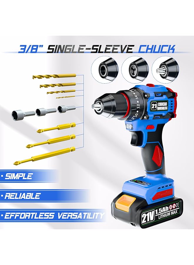 erorex 21V Cordless Drill Brushless Power Drill Set With 1 Batteries And Charger 3 8 Inch Chuck Electric Drill Driver 20+3 Torque Setting 32 Pcs Drill Driver Bits And Tool Set - Image 3