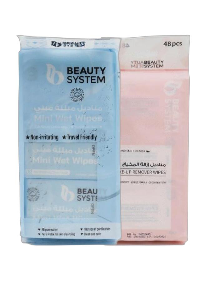 BEAUTY SYSTEM Mini Personal  Travel Wipes 48 â€‹â€‹Coun + Makeup Remover Wipes 48 â€‹â€‹Wipes  - Image 1