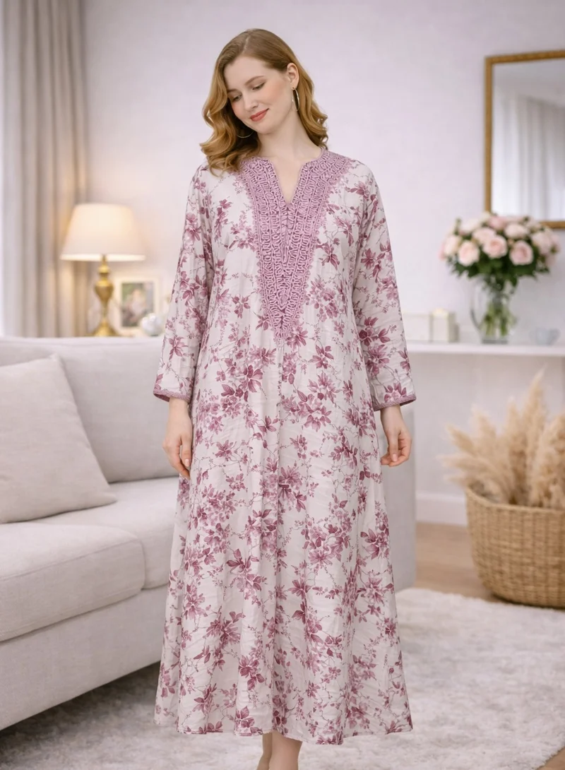 Artemea  Women’s Pink Floral Jalabiya | Premium Rayon | Crochet-Style Neck Embroidery & Soft Paisley Printed Finish for Women | Best Price UAE