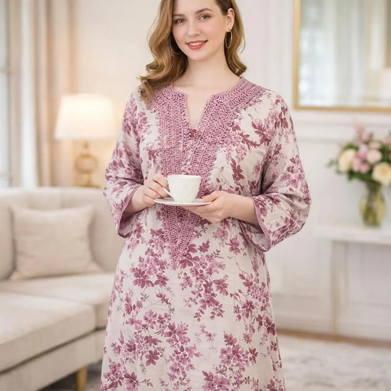 أرتيميا Women’s Pink Floral Jalabiya | Premium Rayon | Crochet-Style Neck Embroidery & Soft Paisley Printed Finish