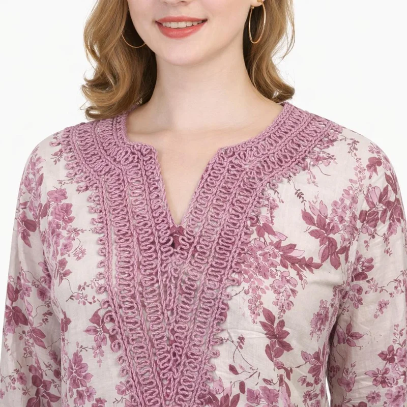 Artemea  Women’s Pink Floral Jalabiya | Premium Rayon | Crochet-Style Neck Embroidery & Soft Paisley Printed Finish for Women | Best Price UAE