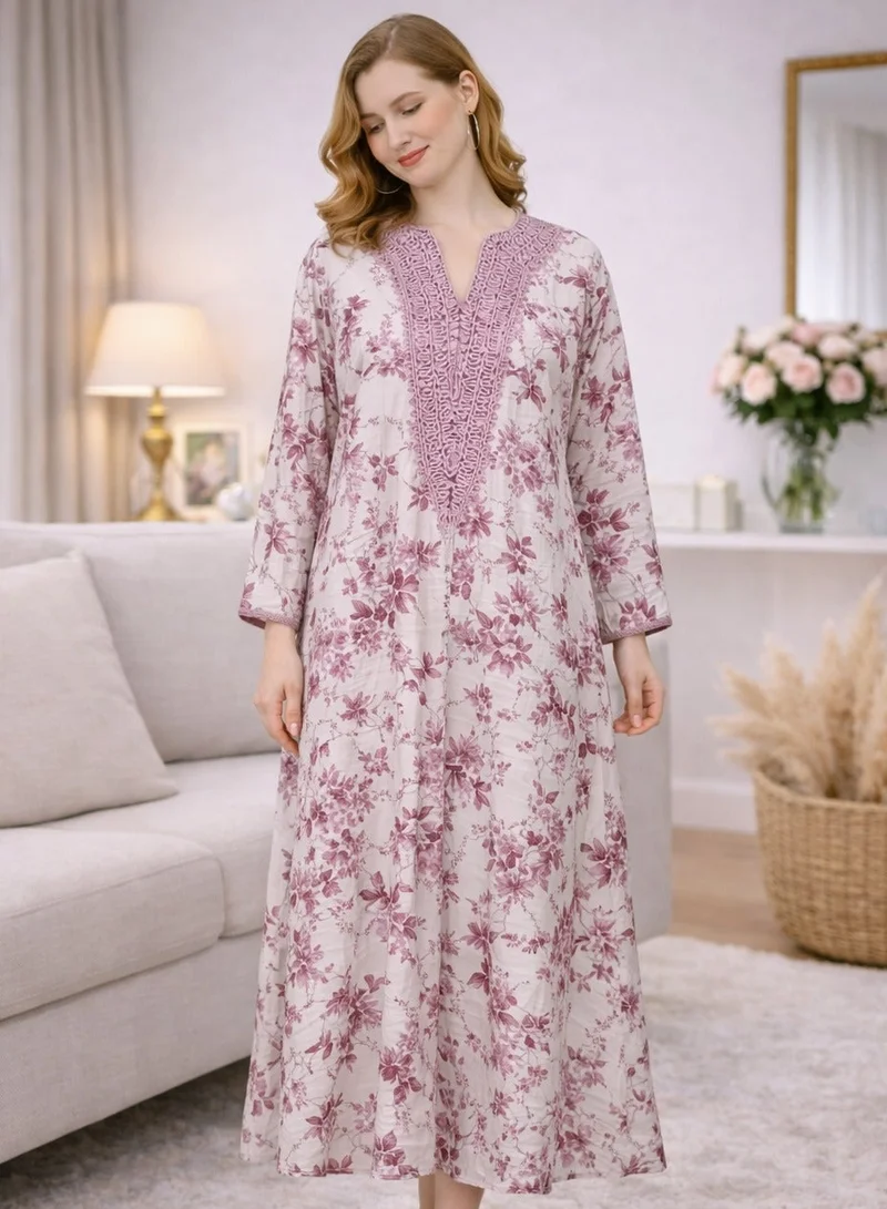 أرتيميا Women’s Pink Floral Jalabiya | Premium Rayon | Crochet-Style Neck Embroidery & Soft Paisley Printed Finish