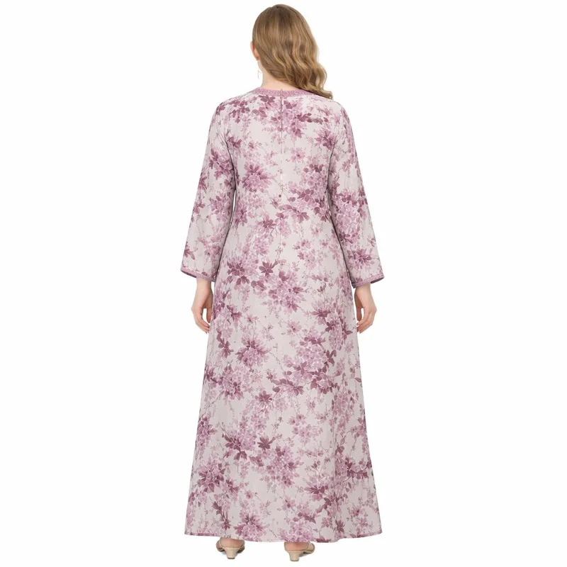 Artemea  Women’s Pink Floral Jalabiya | Premium Rayon | Crochet-Style Neck Embroidery & Soft Paisley Printed Finish for Women | Best Price UAE