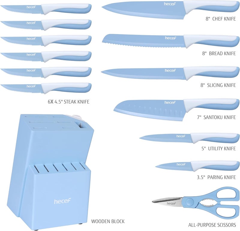 hecef 15 Pieces Kitchen Knife Set with Built-in Sharpening Wooden Block, Dishwasher Safe, High Carbon Stainless Steel Knife Block Set with Steak Knives, Kitchen Scissors, Blue - Image 2