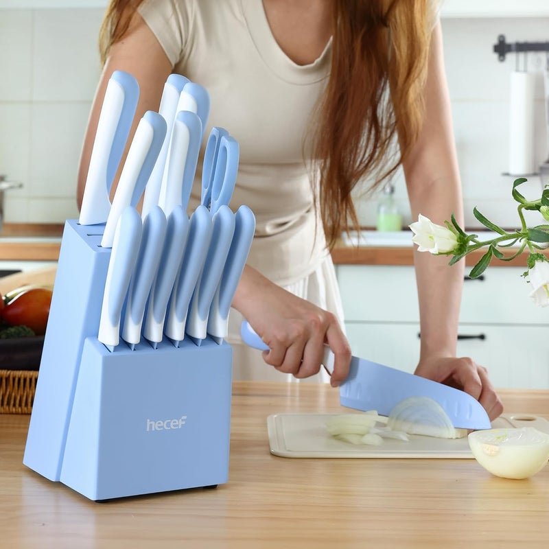 hecef 15 Pieces Kitchen Knife Set with Built-in Sharpening Wooden Block, Dishwasher Safe, High Carbon Stainless Steel Knife Block Set with Steak Knives, Kitchen Scissors, Blue - Image 5