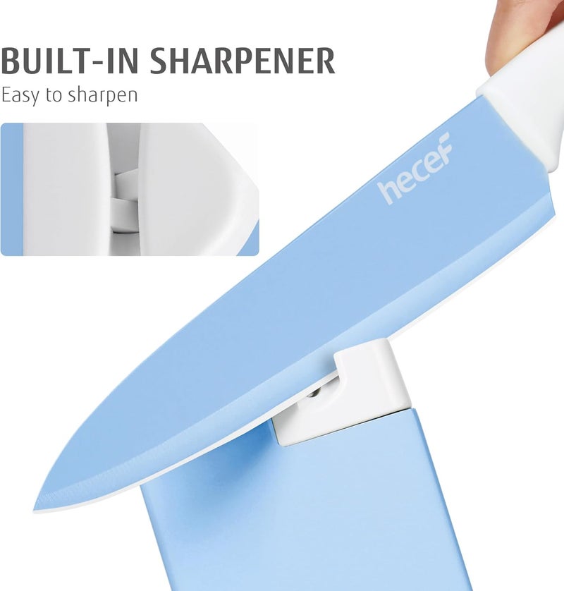 hecef 15 Pieces Kitchen Knife Set with Built-in Sharpening Wooden Block, Dishwasher Safe, High Carbon Stainless Steel Knife Block Set with Steak Knives, Kitchen Scissors, Blue - Image 3