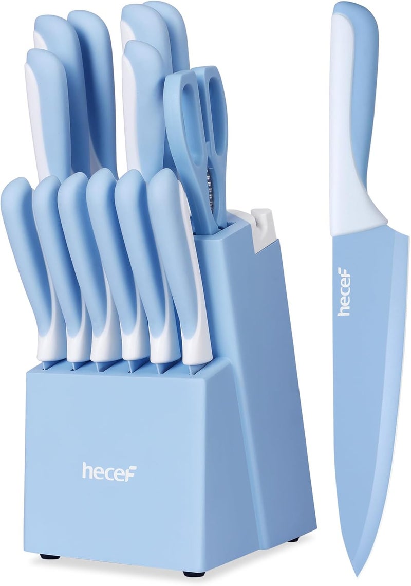 hecef 15 Pieces Kitchen Knife Set with Built-in Sharpening Wooden Block, Dishwasher Safe, High Carbon Stainless Steel Knife Block Set with Steak Knives, Kitchen Scissors, Blue - Image 1