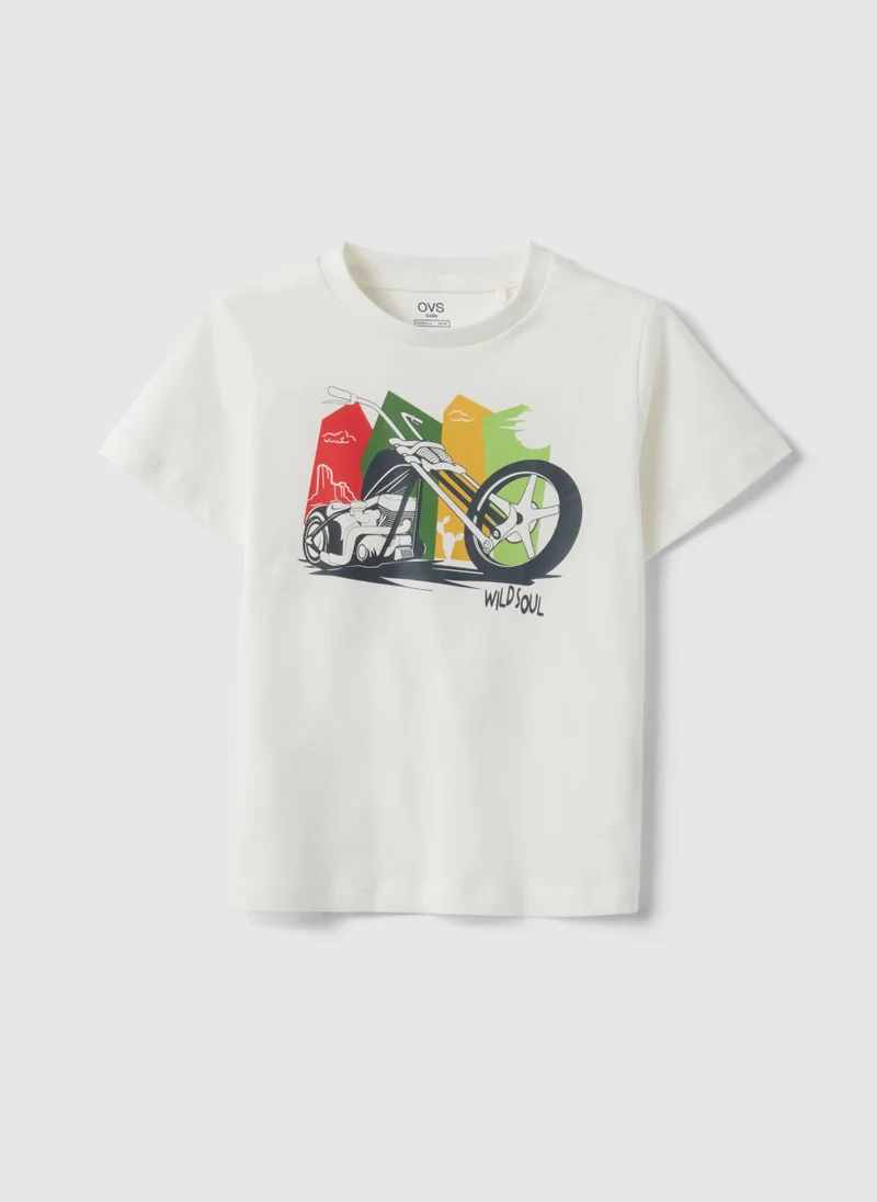 او في اس OVS White Pure Cotton Regular Fit T-Shirt For Boys With Print