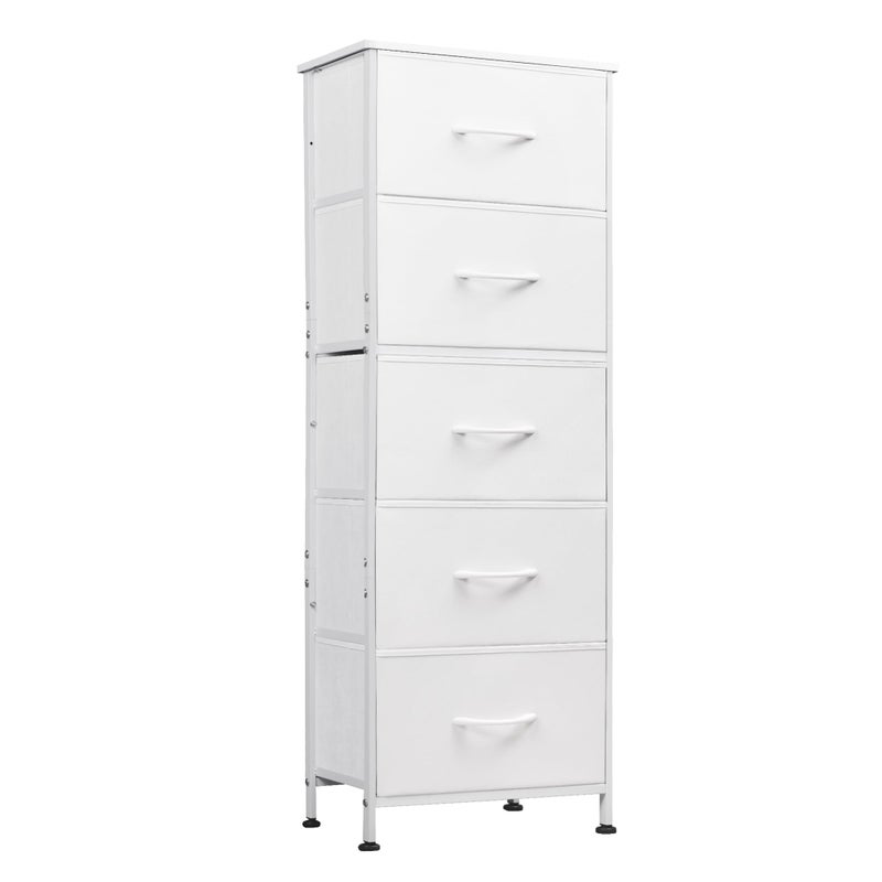 WLIVE Fabric Dresser, 5-Drawer Tall Dressers for Bedroom, Storage Dresser Organizer with Fabric Bins, Wood Top, Sturdy Steel Frame, Chest of Drawers for Closet, Hallway, White - Image 1