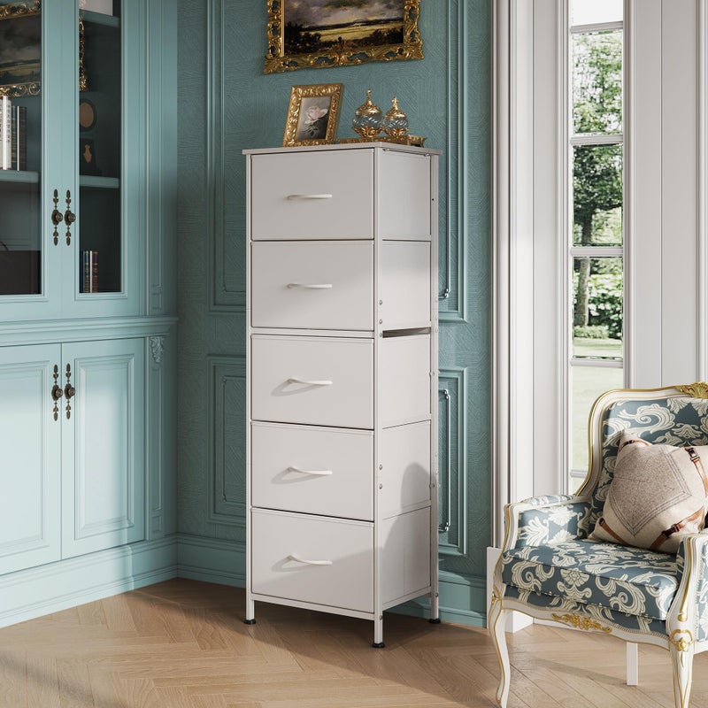WLIVE Fabric Dresser, 5-Drawer Tall Dressers for Bedroom, Storage Dresser Organizer with Fabric Bins, Wood Top, Sturdy Steel Frame, Chest of Drawers for Closet, Hallway, White - Image 2