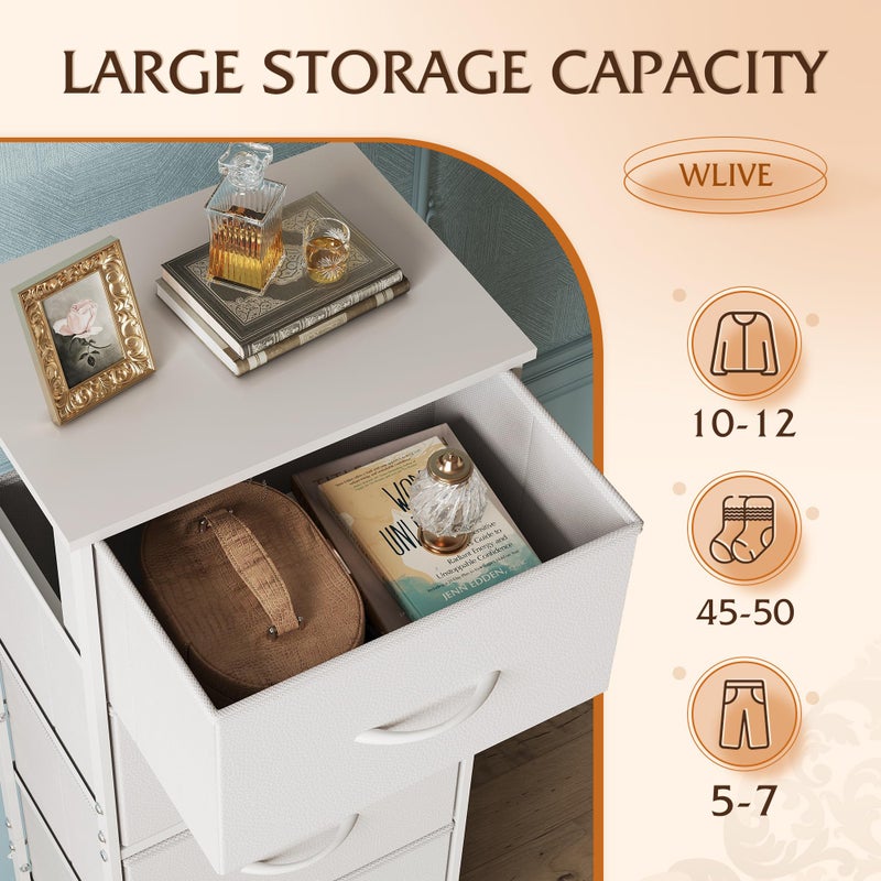 WLIVE Fabric Dresser, 5-Drawer Tall Dressers for Bedroom, Storage Dresser Organizer with Fabric Bins, Wood Top, Sturdy Steel Frame, Chest of Drawers for Closet, Hallway, White - Image 4