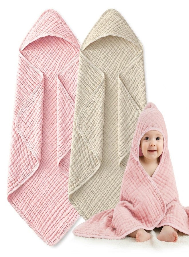 HUITAO Hooded Baby Bath Towels for Newborn, 2 Pack - 6-Layer 100% Muslin Cotton, Soft Absorbent Baby Towels with Hood for Babies, Infants & Toddlers, Large 32x32 Inch Unisex Newborn Baby Bath Essentials - Image 1