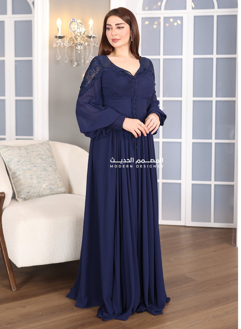 Modern Design An elegant design occasion dress with long transparent sleeves with a slit at the bottom to show the beauty of the dress. The dress comes with elegant pleats to make the dress look with the most beaut  - Image 1