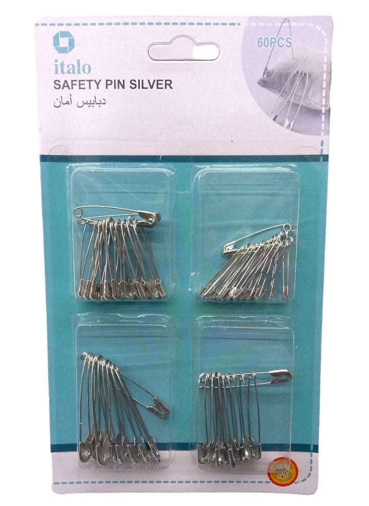 ITALO 60 Piece Mix Size Safety Pin Set Silver Color General Purpose  - Image 1