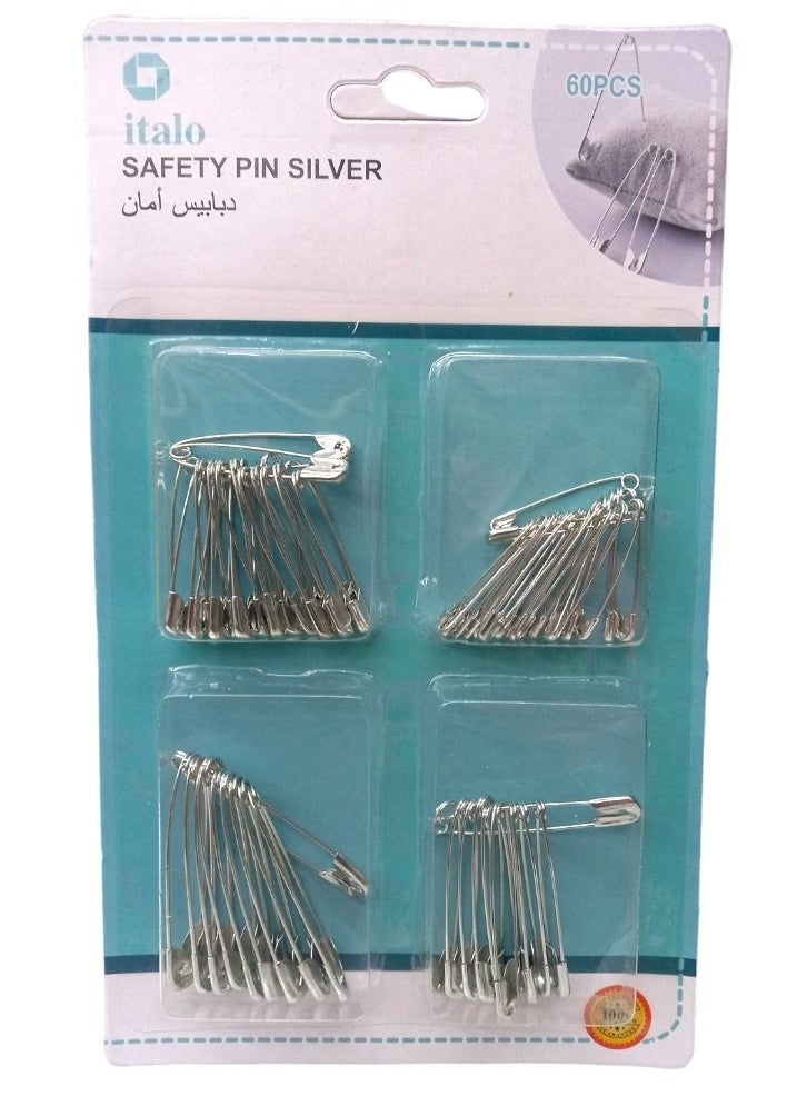 ITALO 60 Piece Mix Size Safety Pin Set Silver Color General Purpose  - Image 2